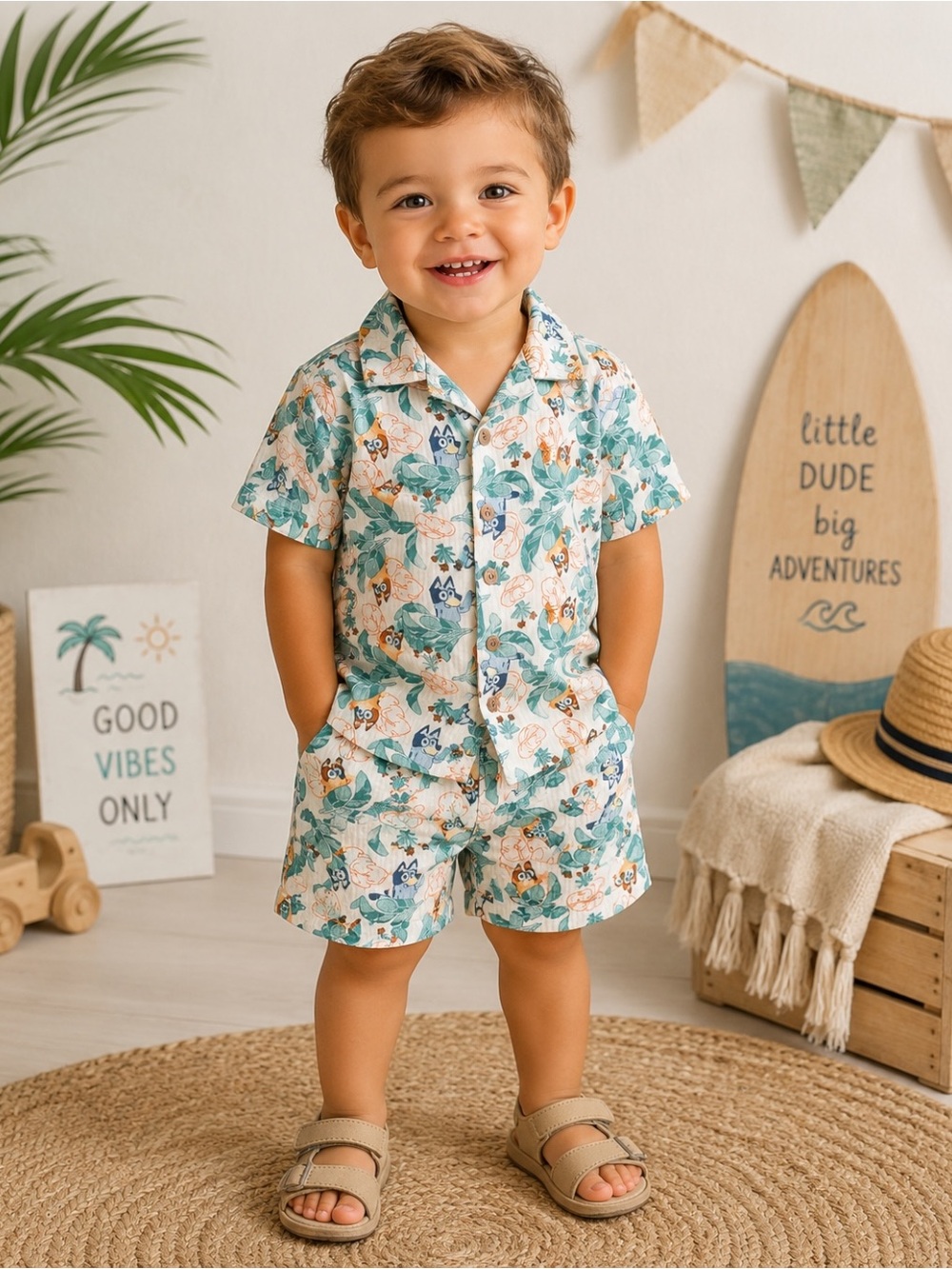 Bluey Boys 2-Piece Tropical Button-Up Shirt & Shorts Set
